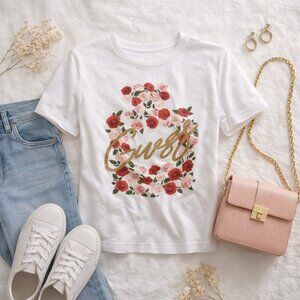 💚 GUESS Floral Logo Graphic Tee White Gold Script Roses Top